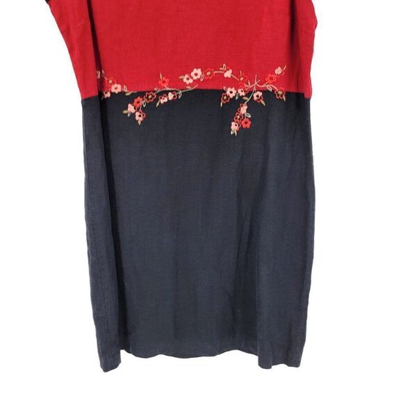 Vintage 90s Linen Sleeveless Shift Dress 10 Red Black Floral Embroidered - Picture 7 of 15